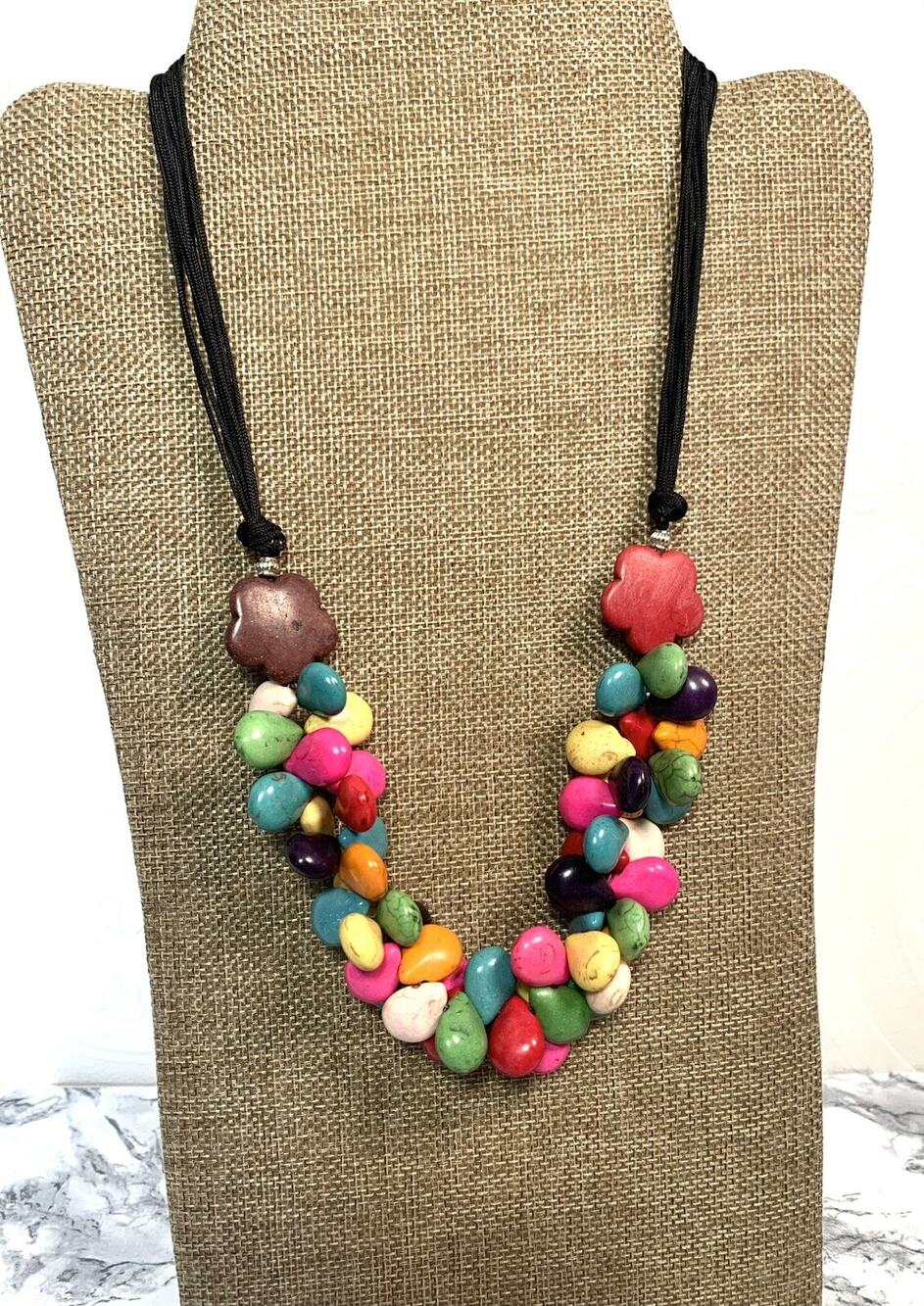Vintage 1980s Multicolor Ceramic Bead Cluster Bib Necklace 19" Toggle Statement